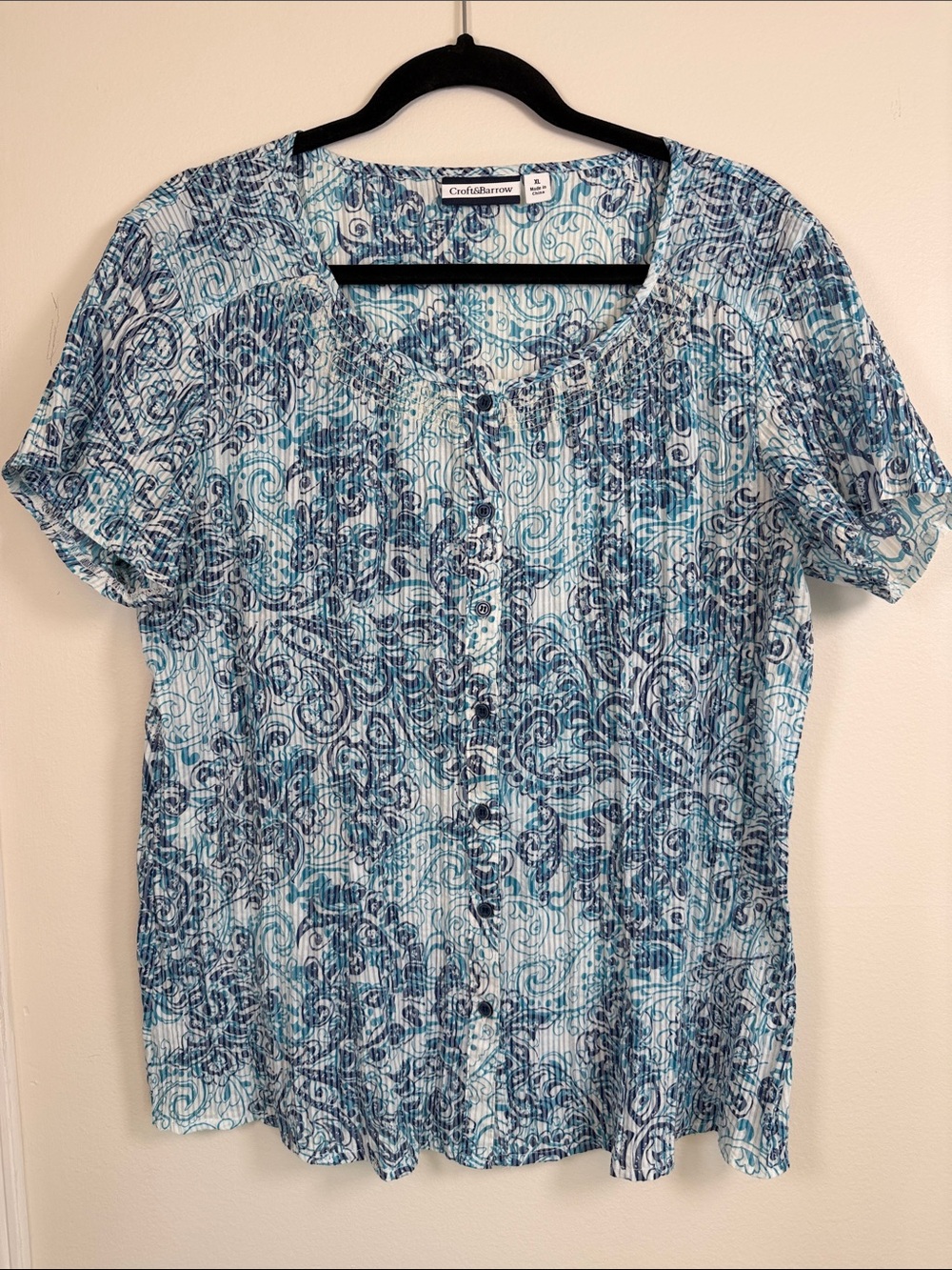 Croft & Barrow Blue Teal Abstract Paisley Pintuck Button Blouse XL pleated